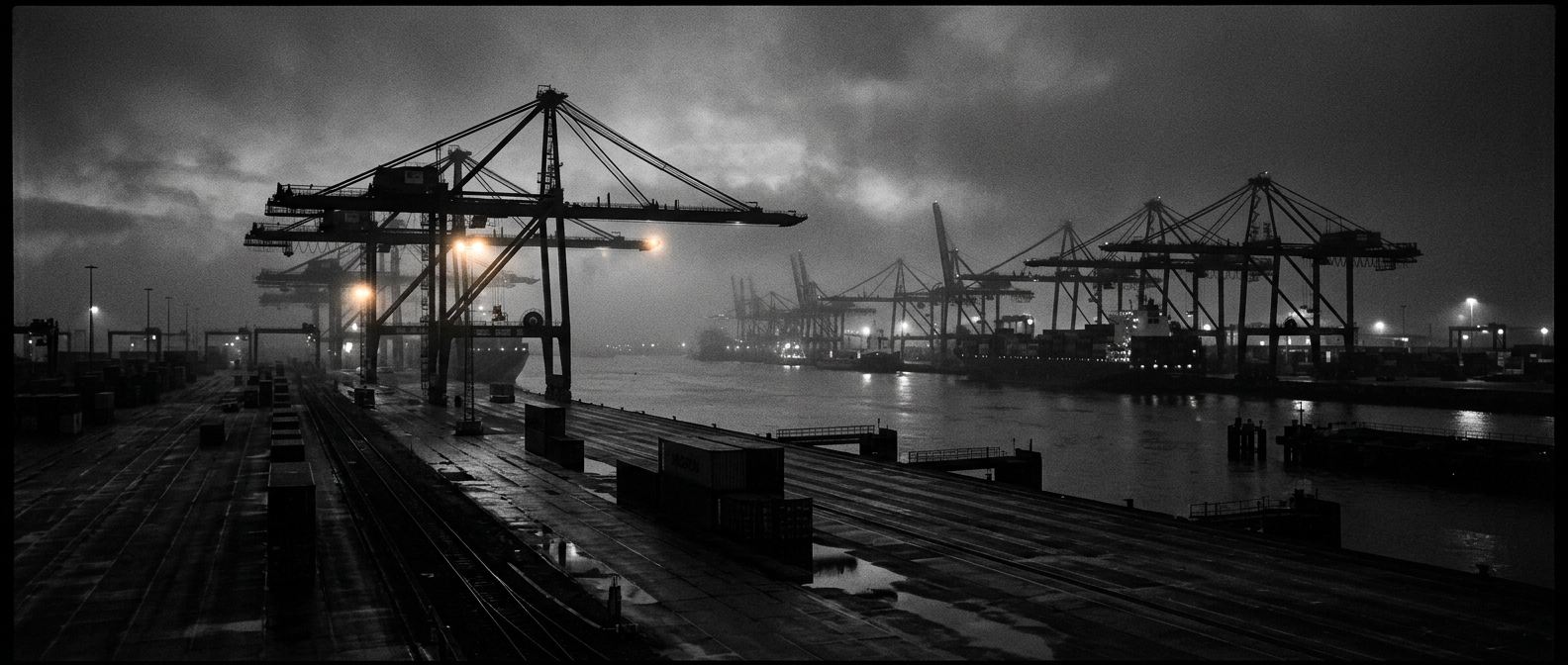 Industriële haven van Rotterdam bij nacht met hijskranen in de mist